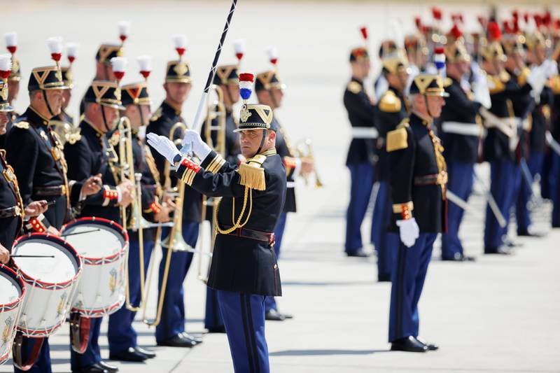Members of the French honour guard play the national anthem before Sheikh Mohamed's departure. Photo: Presidential Court