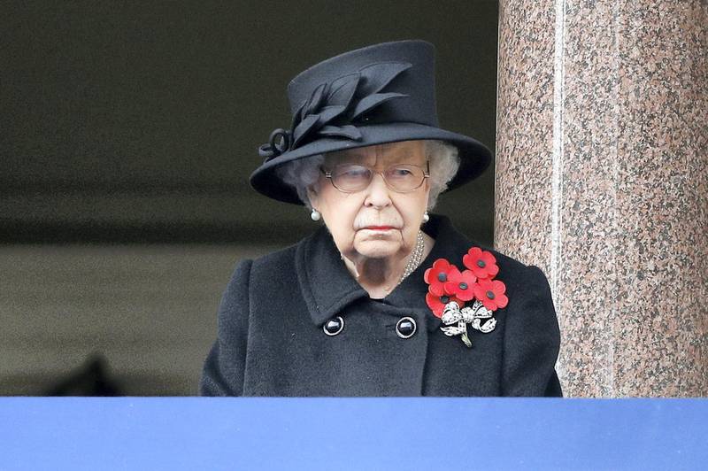 LONDON, ENGLAND - NOVEMBER 08:  Britain's Queen Elizabeth II attends a National Service of Remembrance at the Cenotaph in Westminster, amid the spread of coronavirus (COVID-19) disease on November 8, 2020 in London, England. Remembrance Sunday services are still able to go ahead despite the covid-19 measures in place across the various nations of the UK. Each country has issued guidelines to ensure the safety of those taking part.  (Photo by Peter Nicholls - WPA Pool/Getty Images)