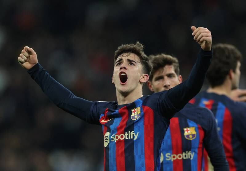 Barcelona's Gavi celebrates their 1-0 Copa del Rey semi-final first leg win against Real Madrid at the Bernabeu on March 2, 2023. Reuters