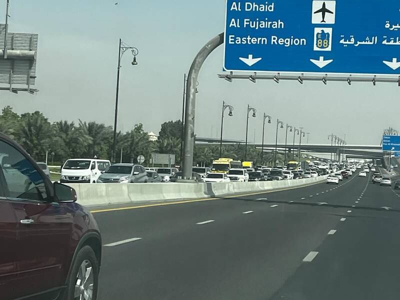 Traffic builds up on the Sharjah Airport Road at the end of the school day. 