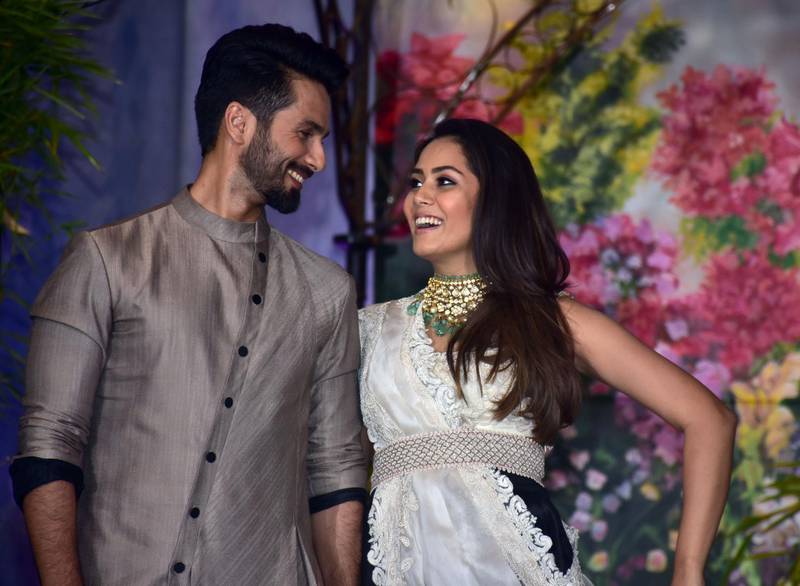 MUMBAI, INDIA - 2018/05/08: Bollywood actor Shahid Kapoor with wife Mira Rajput attend the wedding reception of actress Sonam Kapoor and Anand Ahuja at hotel Leela in Mumbai. (Photo by Azhar Khan/SOPA Images/LightRocket via Getty Images)