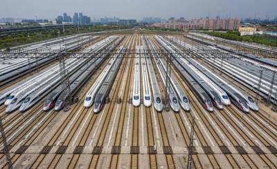 Bullet trains at a station in preparation for resuming operations after authorities lifted a more than two-month ban on outbound travel in Wuhan.  AFP