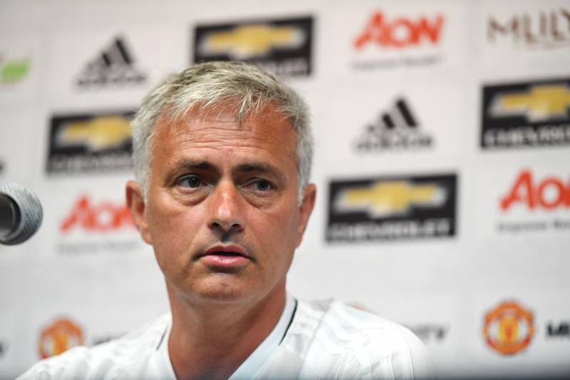 Coach Jose Mourinho speaks at a press conferenece following a Manchester United Open Training Session at the University of California (UCLA), July 14, 2017 in Los Angeles, California. / AFP PHOTO / Robyn Beck