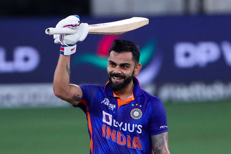 India's Virat Kohli celebrates after scoring his 71st century during the Asia Cup match against Afghanistan at the Dubai International Stadium on Thursday, September 8, 2022. AFP