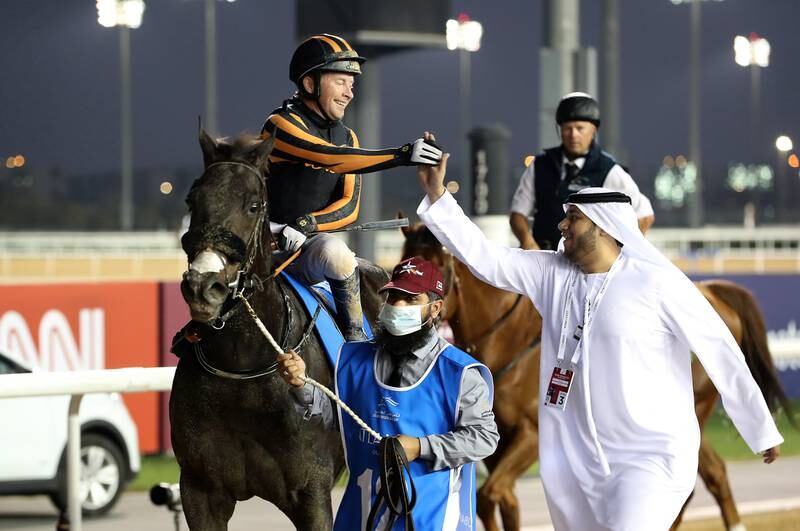 Switzerland, ridden by Tadhg O’Shea, won the Dubai Golden Shaheen during the Dubai World Cup at the Meydan Racecourse. Pawan Singh / The National