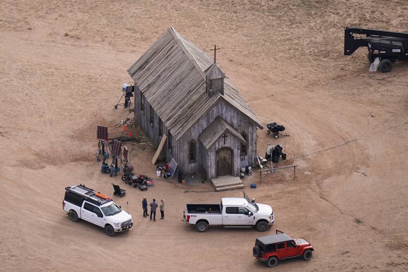 An aerial shot of the set of Rust in Santa Fe, New Mexico. AP