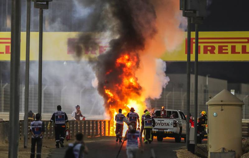 Flames at the crash site of Romain Grosjean's Haas car in Sakhir. EPA