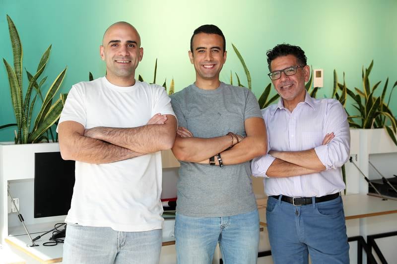From left, Fares Ghandour, Aymane Sennoussi and Naif Al Mutawa are co-founders of Tuhoon. Pawan Singh / The National.