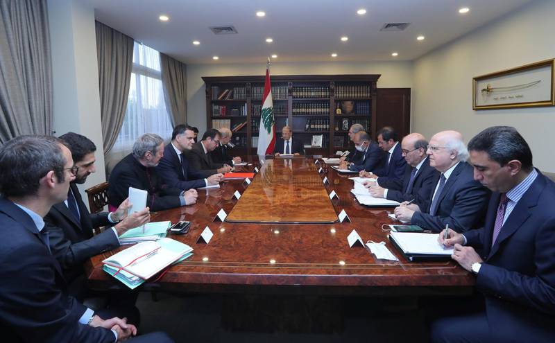 President Michel Aoun chairs a meeting with French Foreign Minister Jean-Yves Le Drian at the Lebanese presidential palace in Baabda. Reuters