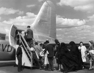 Passengers queuing to board a British European Airways Vickers Viking aircraft in 1950.
