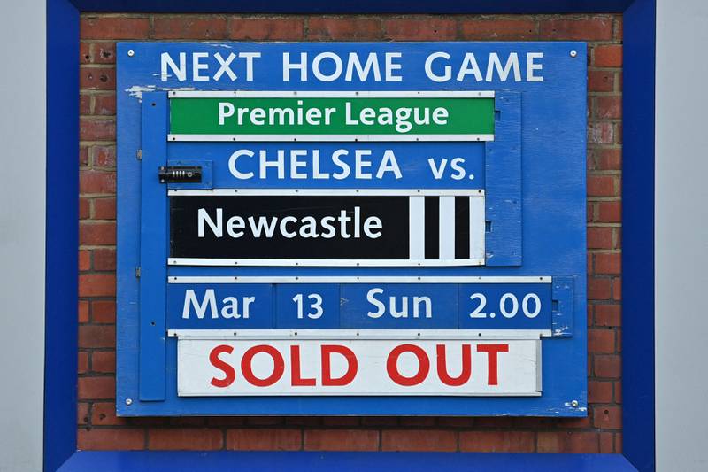 A 'sold out' sign is seen beside information on Chelsea's next home fixture. AFP