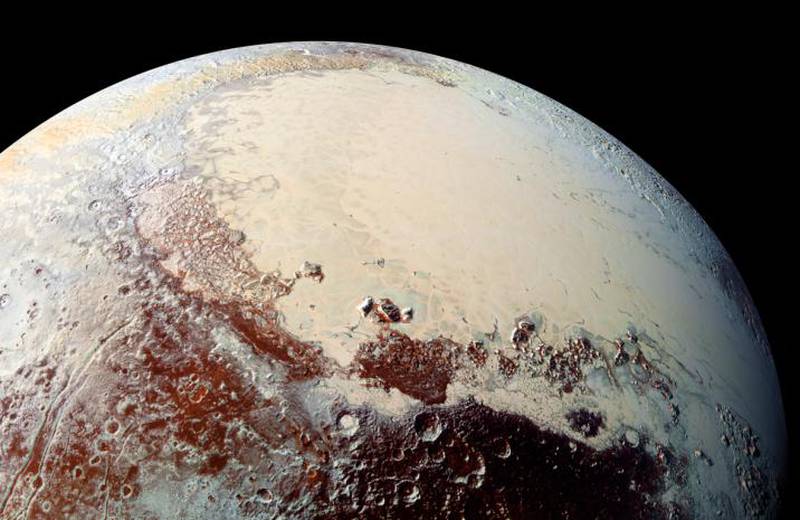 Captured by Nasa’s New Horizons spacecraft in 2015, this image shows a region of Pluto that is rich in nitrogen, carbon monoxide and methane ices. Photo: Nasa