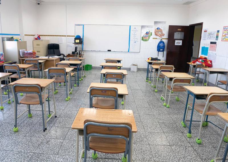 An empty classroom is seen in a private school in Hawally, after the Ministry of Edudution suspended schools and universities due to the coronavirus outbreak, in Kuwait city. Reuters