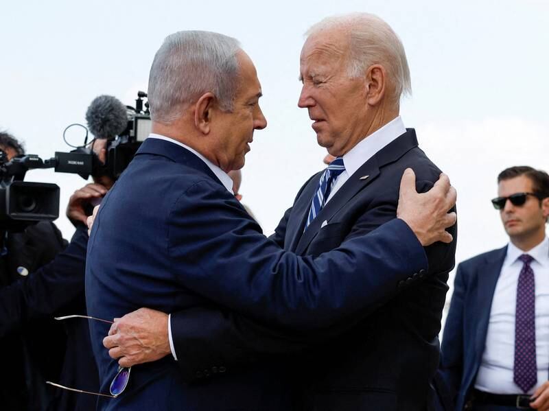 US President Joe Biden is welcomed by Israeli Prime Minster Benjamin Netanyahu in Tel Aviv on October 18. In half a century of public life, Biden has demonstrated unwavering support for Israel. Reuters