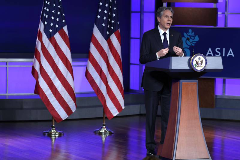 US Secretary of State Antony Blinken speaks on China at George Washington University. Getty Images / AFP
