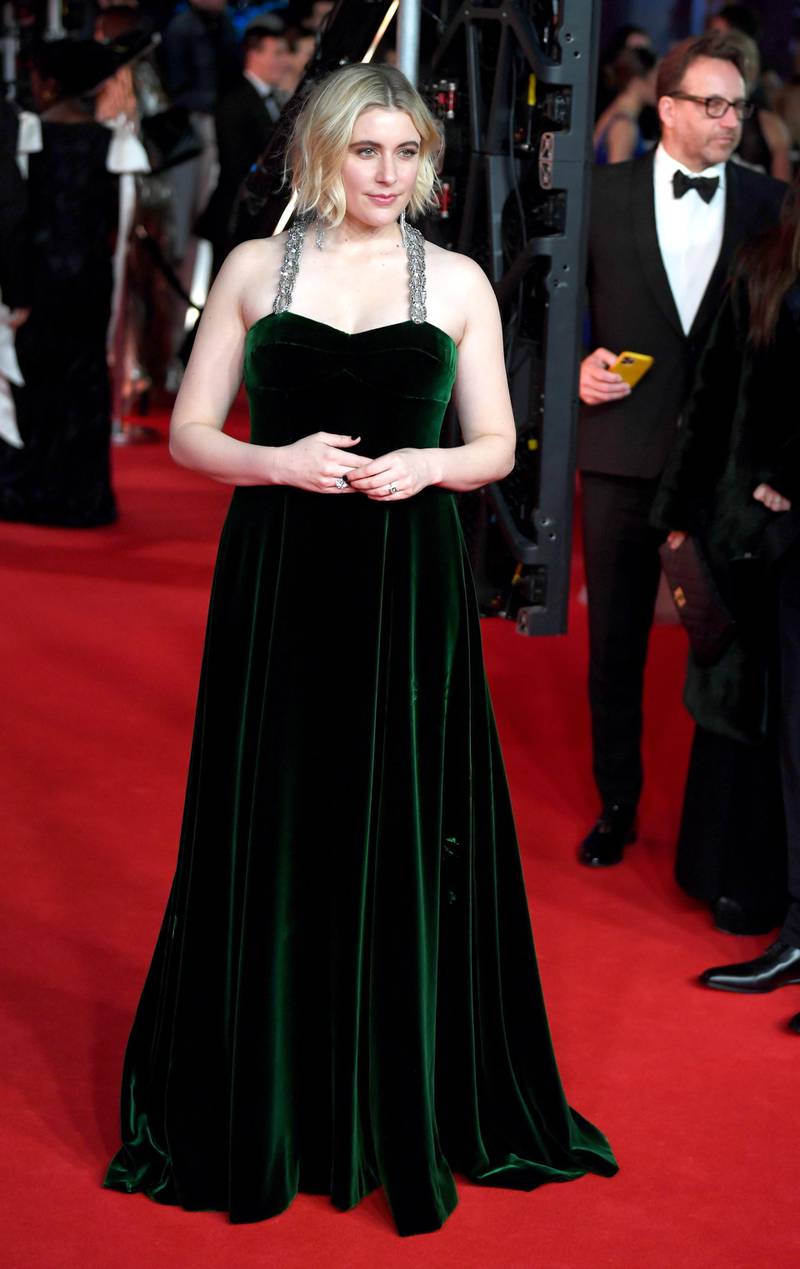 Greta Gerwig wears custom Gucci to the 2020 EE British Academy Film Awards at Royal Albert Hall on Sunday, February 2. EPA