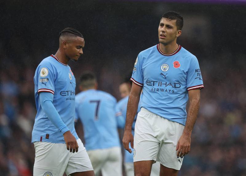 Manchester City's Rodri looks dejected after Pereira's goal.    Action Images