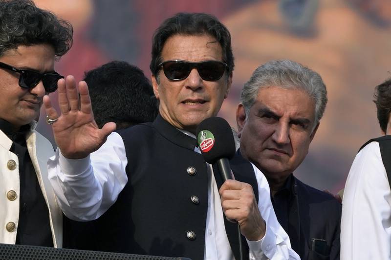 Pakistan's former Prime Minister Imran Khan addresses his supporters at a rally in Lahore.  AP Photo