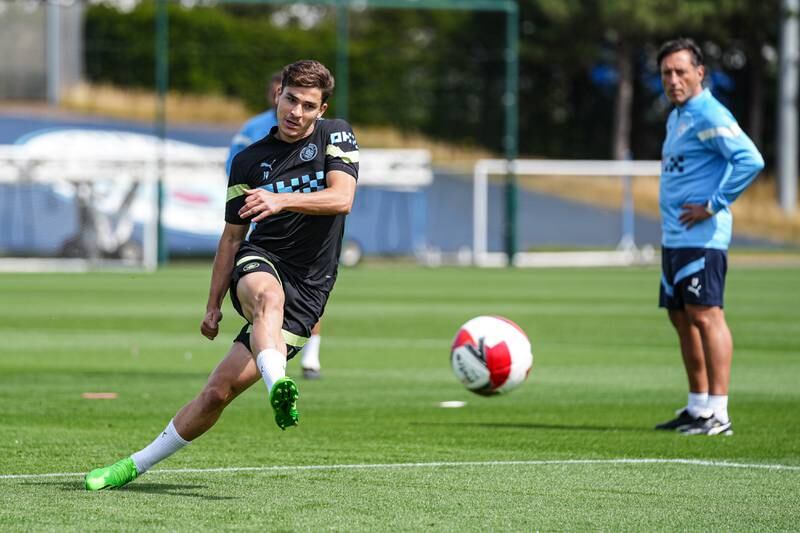 Manchester City attacker Julian Alvarez during training ahead of the Community Shield match against Liverpool on Saturday.