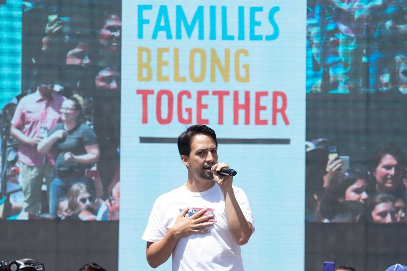 US composer and playwright Lin-Manuel Miranda performs a song at a 'Families Belong Together' rally, at Lafayette Park across the street from the White House in Washington, DC. EPA