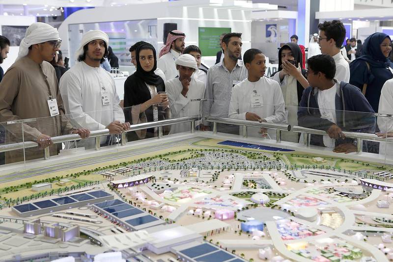 A model of the <a href="http://www.thenational.ae/business/property/developers-eyeing-expo-2020-as-golden-opportunity-to-plan-new-dubai-property-launches">Expo 2020</a> site at the World Future Energy Summit. Ravindranath K / The National