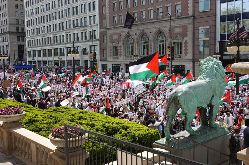 People in Chicago, Illinois, protest against the Israeli air strikes in the Gaza Strip. AFP