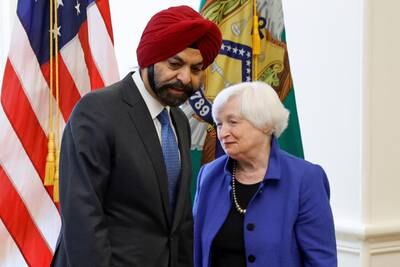 US Treasury Secretary Janet Yellen with incoming World Bank president Ajay Banga at the Treasury Department in Washington. Reuters