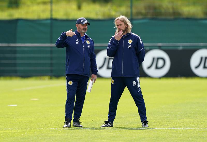 Scotland manager Steve Clarke with assistant Austin MacPhee during training. PA.