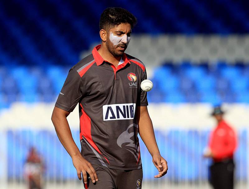 Sharjah, December, 08 2019: Junaid Siddique of UAE in action against USA during the ICC Men's Cricket World Cup League 2 match at the Sharjah Cricket Stadium in Sharjah . Satish Kumar/ For the National / Story by Paul Radley