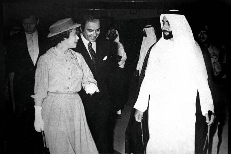 Queen Elizabeth II with Sheikh Zayed during her visit to the UAE in 1979. Courtesy of Zaki Anwar Nusseibeh, vice chairman for the Abu Dhabi Authority for Cultural Affairs and advisor Ministry of Presidential Affairs