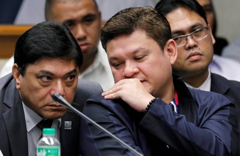 Paolo Duterte, Davao's Vice Mayor and son of President Rodrigo Duterte, talks to his lawyer during a Senate hearing on drug smuggling in Pasay, Metro Manila, Philippines, September 7, 2017.    REUTERS/Erik De Castro     TPX IMAGES OF THE DAY
