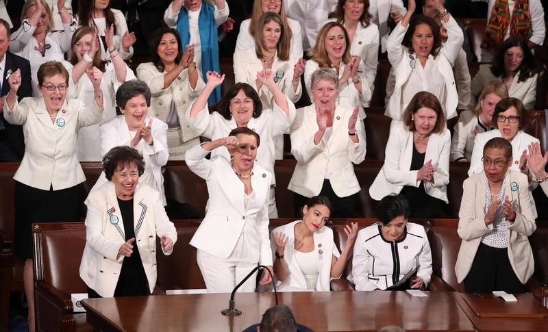 Democratic female members of Congress cheer after President Donald Trump said there are more women in Congress than ever before during his second State of the Union address to a joint session of Congress at the U.S. Capitol in Washington, U.S. February 5, 2019. REUTERS/Jonathan Ernst - HP1EF2609LQ76     TPX IMAGES OF THE DAY