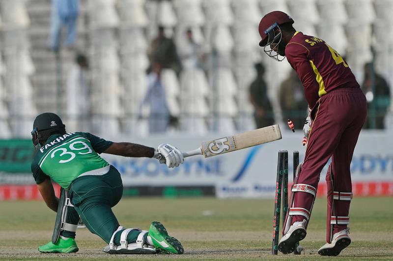 Pakistan's Fakhar Zaman is bowled by West Indies captain Nicholas Pooran. AFP
