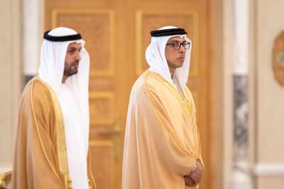Sheikh Mansour bin Zayed, Vice President, Deputy Prime Minister and Minister of Presidential Affairs, and Sheikh Mohammed bin Hamad bin Tahnoon, Adviser of Special Affairs at the Ministry of Presidential Affairs, at Qasr Al Watan. Abdulla Al Neyadi / Presidential Court 