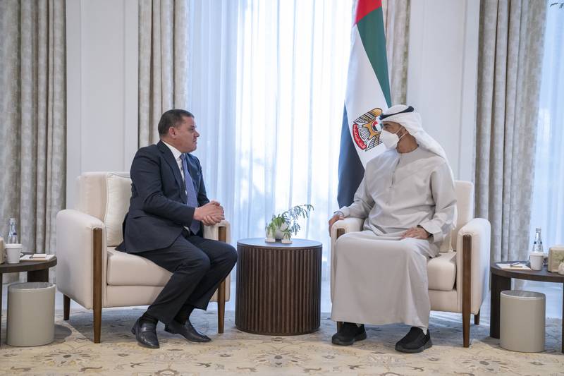At Al Shati Palace, President Sheikh Mohamed receives condolences from Abdul Hamid Dbeibeh, Prime Minister of Libya, on the passing of Sheikh Khalifa. 