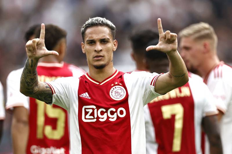 Ajax's Antony celebrates during the Eredivisie match against Groningen in Amsterdam, on August 14, 2022. AFP