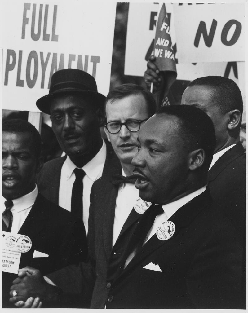 King, president of the Southern Christian Leadership Conference, and Mathew Ahmann, executive director of the National Catholic Conference for Interrracial Justice, in a crowd at the Civil Rights March on Washington in 1963. Photo: US National Archives