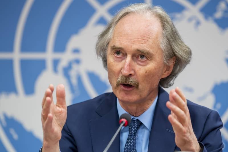 Geir Pedersen, the UN special envoy for Syria, announces the sixth session of the Syrian constitution committee from the UN headquarters in Geneva, Switzerland, on Sunday. EPA