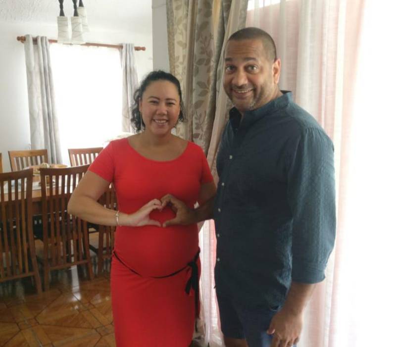 A pregnant Vane V, left, and her husband, Nicolas, before flight suspensions left them stranded in Mauritius. Courtesy: Vane V