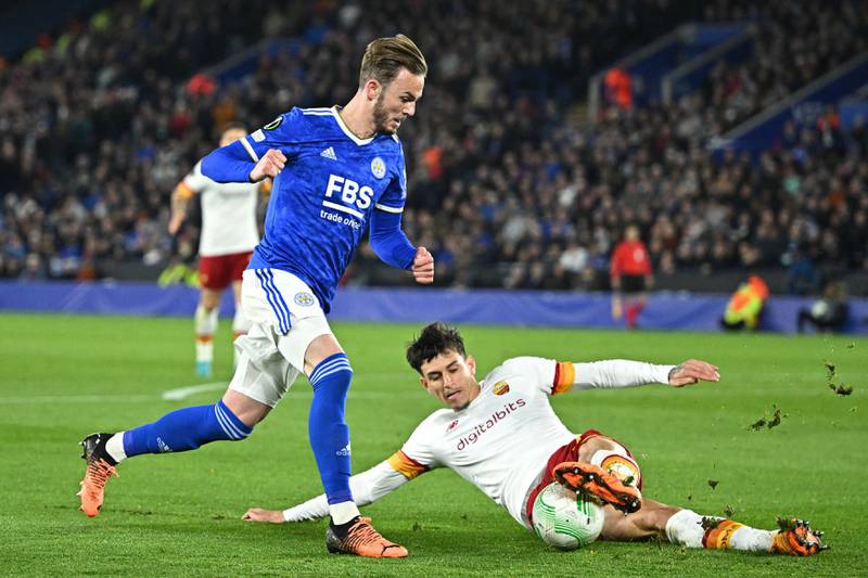 Leicester City's English midfielder James Maddison, left, vies with Roma's Brazilian defender Roger. AFP