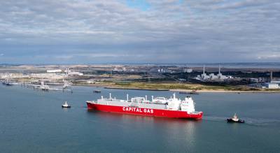 A ship carrying liquefied natural gas arrives at the Isle of Grain terminal in Kent, the UK. PA