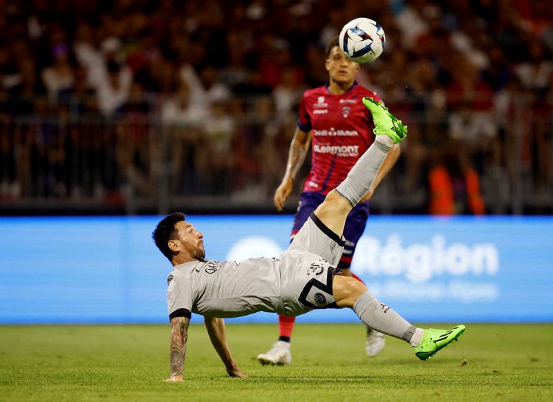 PSG's Lionel Messi scores from a stunning overhead kick in the Ligue 1 match against Clermont at Stade Gabriel Montpied on Saturday, August 6, 2022. Reuters