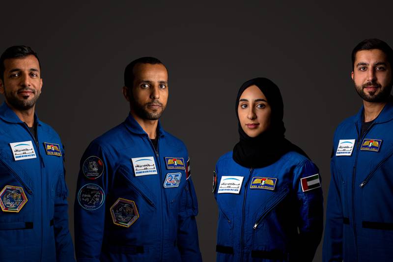 From left, Emirati astronauts Hazza Al Mansouri, Sultan Al Neyadi, Nora Al Matrooshi, and Mohammed Al Mulla. Photo: MBRSC