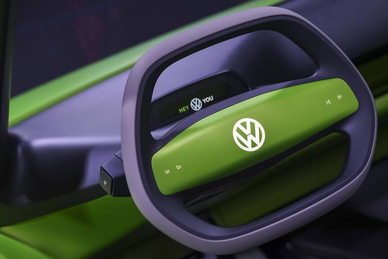 A logo is displayed on the steering wheel. Chris J Ratcliffe / Bloomberg