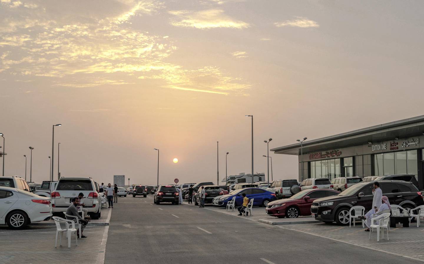 Abu Dhabi, United Arab Emirates, September 24, 2019.    Brief: For Saeed’s column about the anxieties of buying a new car in Abu Dhabi.  --Sunset at Motor World Car Showrooms and Car Market, Al-Shamkha, Abu Dhabi.Victor Besa / The NationalSection:  WKReporter:  Saeed Saeed