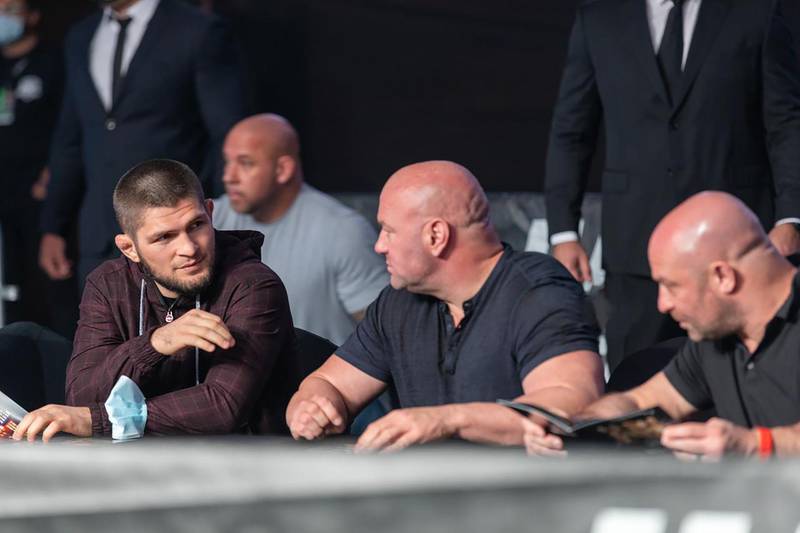 Khabib Nurmagomedov (left) in conversation with UFC president Dana White at the UAE Warriors 15 cage side at the Jiu-Jitsu Arena on Friday, January 15, 2021