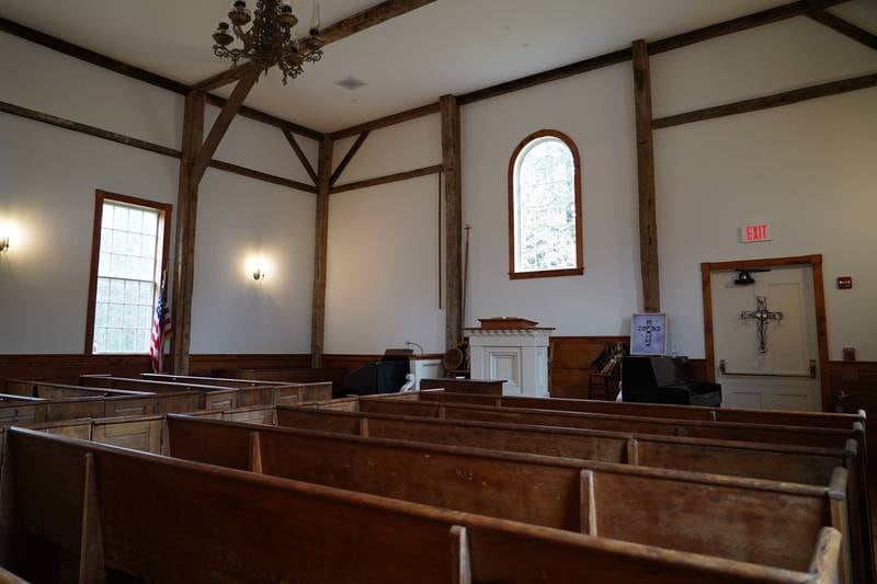 The interior of the Old Indian Meeting House in Mashpee, Massachusetts. The building dates back to the 1680s. Willy Lowry / The National