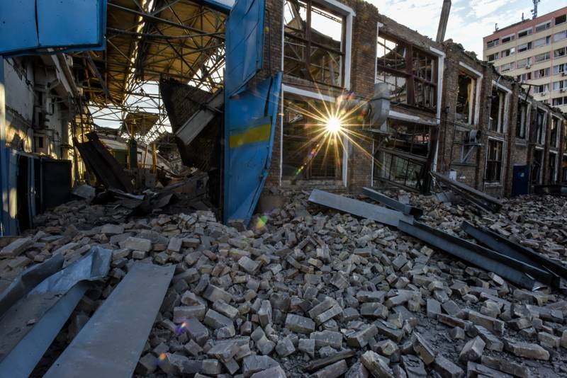 The remains of the Darnytsia Car Repair Plant damaged by missile strikes in Kyiv. EPA