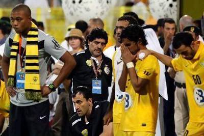 Diego Maradona shows his disappointment after Wasl lost the penalty shoot-out 5-4. Mike Young / The National