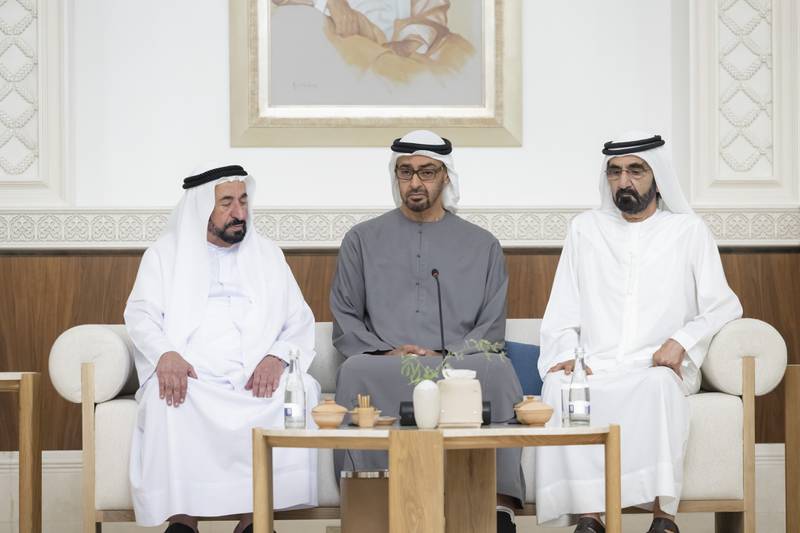 Sheikh Dr Sultan bin Muhammad Al Qasimi, Ruler of Sharjah, the President, Sheikh Mohamed, and Sheikh Mohammed attend a Federal Supreme Council meeting at Mushrif Palace. Photo: Presidential Court
